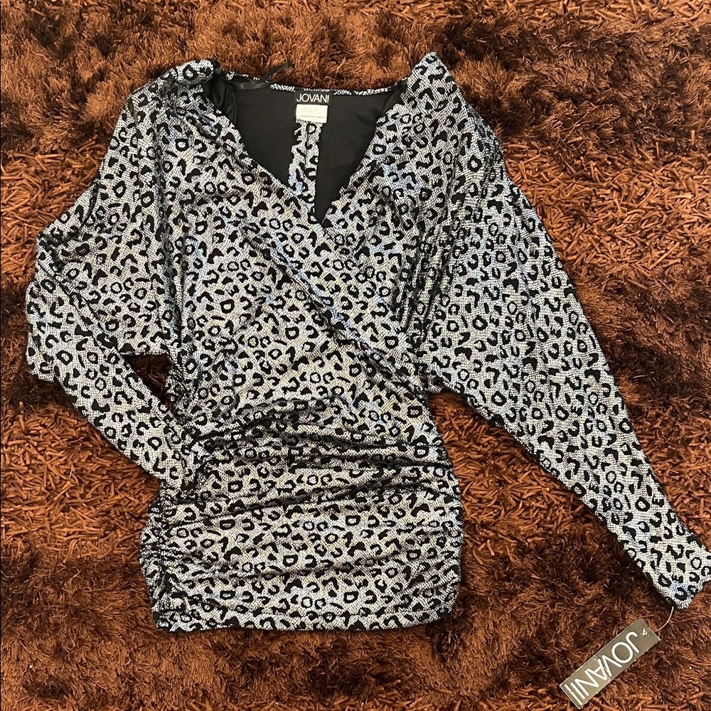 Jovani 3169 Silver & Black Metallic Leopard Ruched Mini Dress-sz 12 - Picture 6 of 10